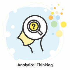 Analytical thinking icon concept with magnifying glass and question mark on mind in the drawing of human brain isolated on light blue creative background, vector and illustration.