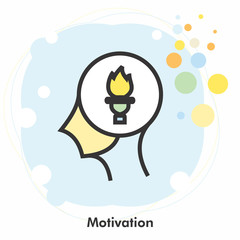 Motivation icon concept with flaming torch, fire inside in the drawing of human brain isolated on light blue creative background, vector and illustration.