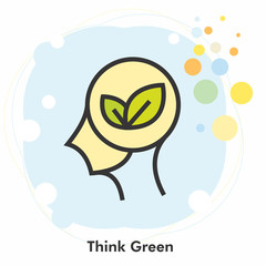 Think green icon concept with leafs in the drawing of human brain isolated on light blue creative background, vector and illustration.