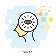 Vision icon concept with open eye inside in the drawing of human brain isolated on light blue background, vector and illustration. 