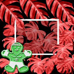snowflake-shaped and doll with colorful monstera leaves pattern on black background for christmas and new year concept
