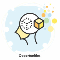 Opportunities icon concept with dice inside in the drawing of isolated human head on light blue background, vector and illustration.