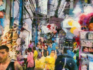 Wholesale clothing market in Bangkok Illustrations creates an impressionist style of painting.