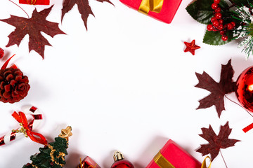 Christmas composition. Red Christmas items on white background. Christmas, winter, new year concept. Flat lay, top view, copy space.