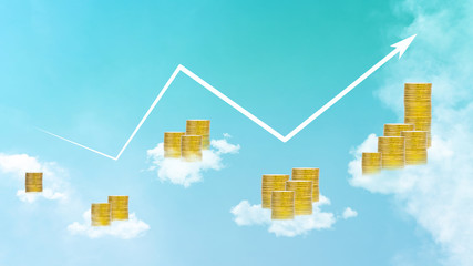 gold coins stacks on cloud and chart of indicators on sky background,finance business growth concept