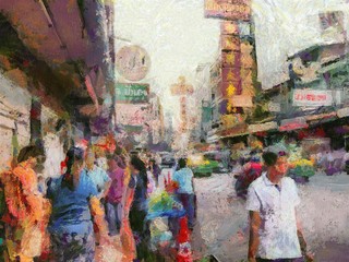 Chinatown Yearat in Bangkok Illustrations creates an impressionist style of painting.