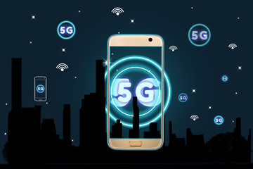 mobile smart phone with 5G network interface and icon concept and silhouette cityscape