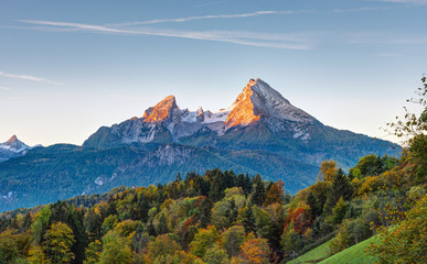 The first sunlight hits Mount Watzmann in the Bavarian Alps © elxeneize