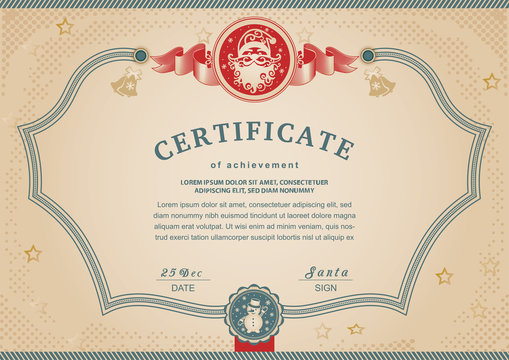 Christmas beige certificate with red Santa Claus and Snowman in stamp.