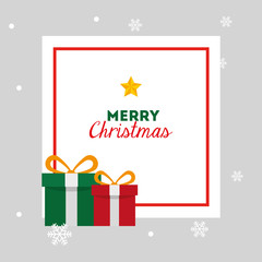 Fototapeta na wymiar merry christmas card with gift boxes and square frame vector illustration design
