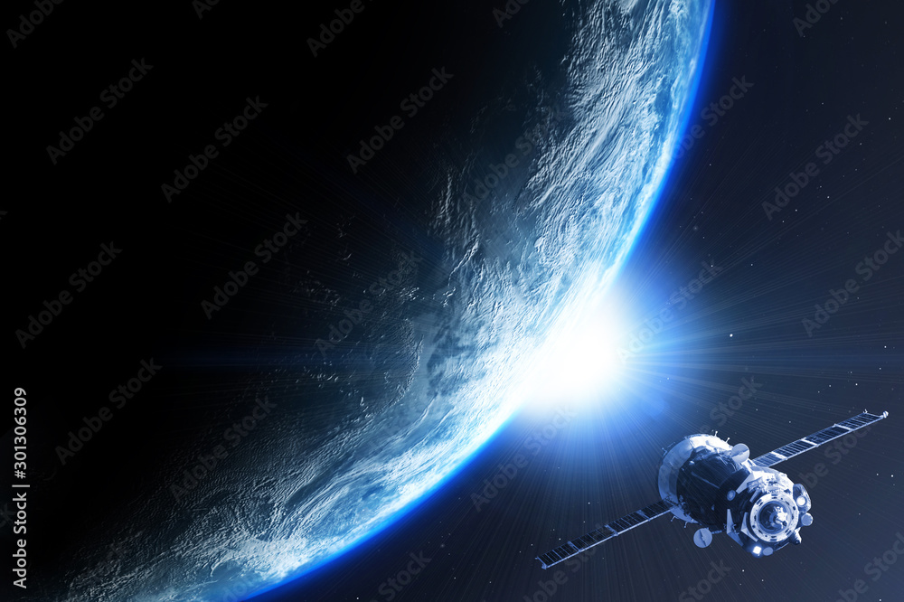 Sticker earth planet with satellite viewed from space , 3d render of planet earth, elements of this image pr