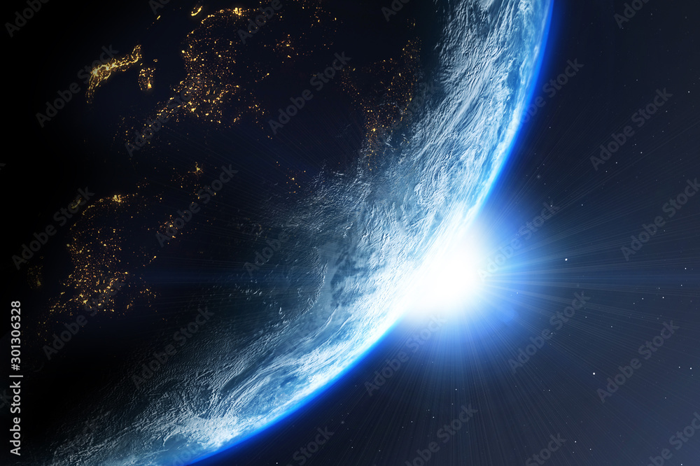 Wall mural earth planet with sun viewed from space , 3d render of planet earth, elements of this image provided