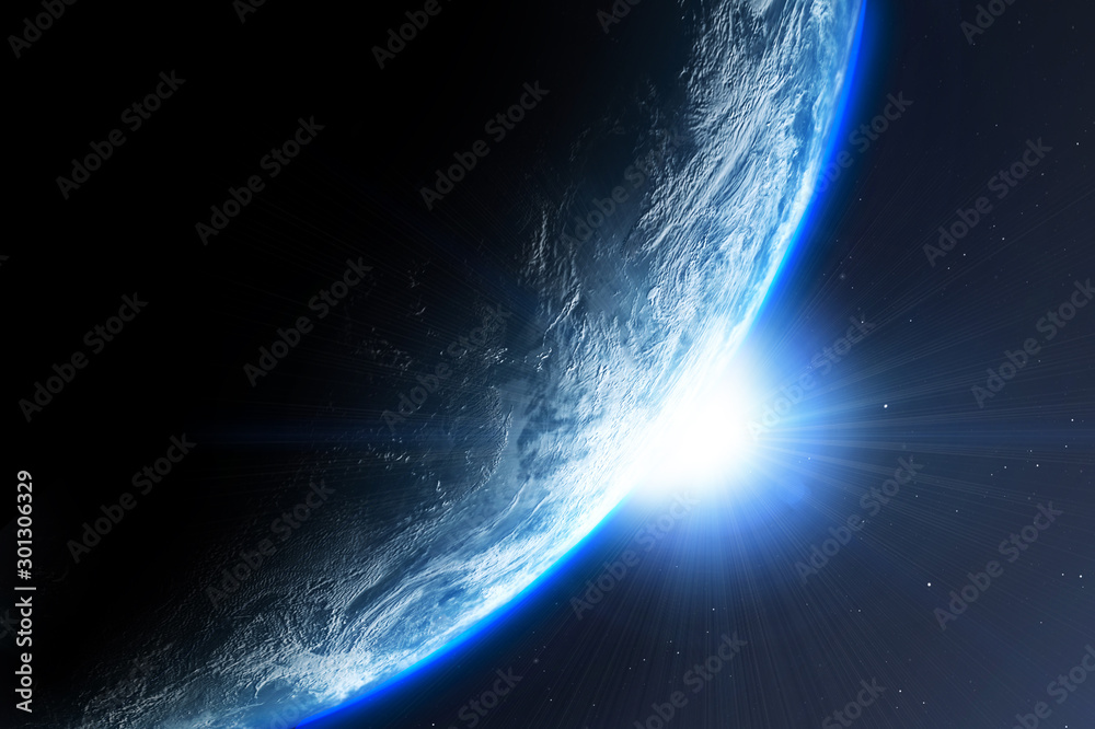 Wall mural earth planet with sun viewed from space , 3d render of planet earth, elements of this image provided