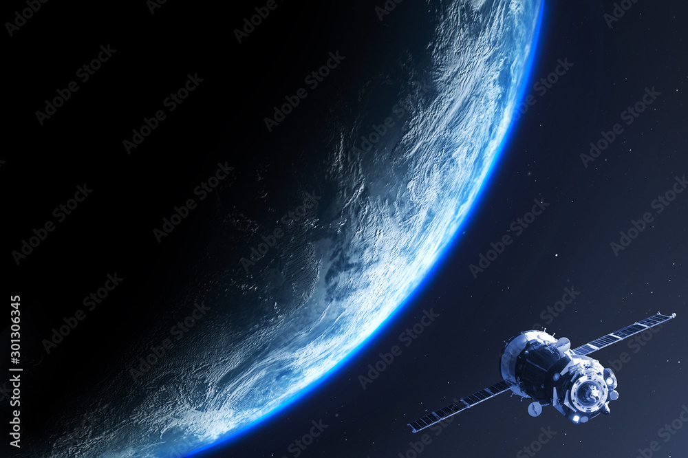 Wall mural earth planet with satellite viewed from space , 3d render of planet earth, elements of this image pr
