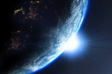 Earth planet with sun viewed from space , 3d render of planet Earth, elements of this image provided by NASA
