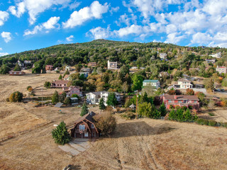 Aerial view of Lake Cuyamaca mountain and lodges, 110 acres reservoir and a recreation area in the...