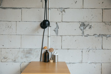 wood table and decor and white concreat background