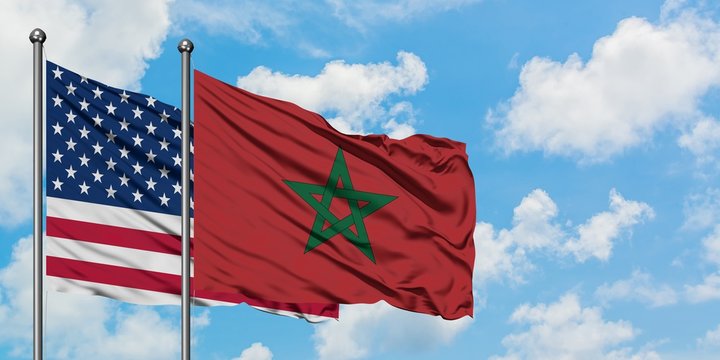 United States And Morocco Flag Waving In The Wind Against White Cloudy Blue Sky Together. Diplomacy Concept, International Relations.