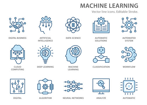 Machine learning line icons set. Vector illustration. Editable stroke.