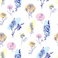 Seamless pattern with Wild Flowers with Summer Botanical Sketches - 301310500