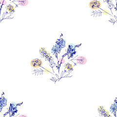 Seamless pattern with Wild Flowers with Summer Botanical Sketches - 301310532
