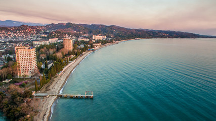 Aerial survey of the coastline of the urban landscape.