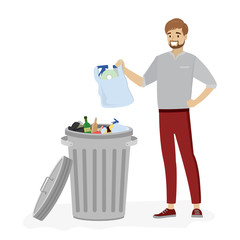 Open metal trash can with garbage.Young man throws a bag with garbage.