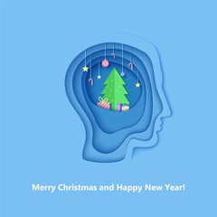 Man brainstorm head in paper cut style. Silhouette of layered human with think of Christmas gift. Origami creative vector concept profile with New Year decorations on the depth of layers cardboard