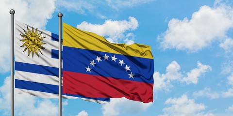Uruguay and Venezuela flag waving in the wind against white cloudy blue sky together. Diplomacy concept, international relations.