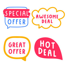 Set of hand drawn badges. Great offer, awesome deal, hot deal, special offer. Vector hand drawn illustration on white background.