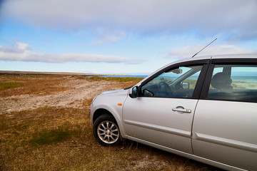 Fototapeta na wymiar Tundra landscape with moss, glass and stouns in the north of Norway or Russia, car in it and blue sky with clouds