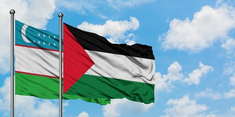 Uzbekistan and Palestine flag waving in the wind against white cloudy blue sky together. Diplomacy concept, international relations.