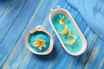 Spa and body care products. Dead Sea salt for bath . Natural ingredients for homemade body salt scrub. Dead Sea cosmetics. Beauty skin care. Spa treatment. Aromatherapy