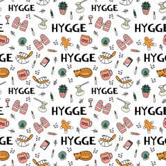Seamless pattern with hygge hand drawn elements. Colored objects for cozy scandinavian design. Vector illustration.