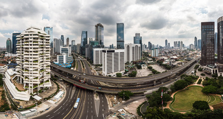 Panoramic view of the Jakarta business and financial district on a cloudy Sunday during the car free day event in Indonesia capital city