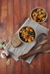 Irish stew made with beef, potatoes, carrots and herbs. Traditional St Patrick's day main dish 