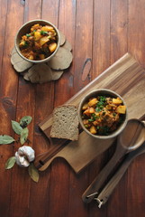 Irish stew made with beef, potatoes, carrots and herbs. Traditional St Patrick's day main dish 