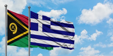 Vanuatu and Greece flag waving in the wind against white cloudy blue sky together. Diplomacy concept, international relations.