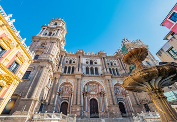 Fototapeta na wymiar Plaza del Obispo, Bishop square and Cathedral. Main sightseeing spots in the historic center of Malaga, Spain