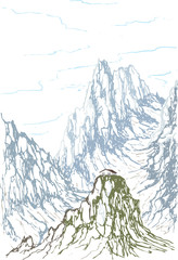 Vector fantasy greeting card with mountain landscape.