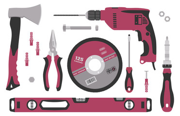Set of tools for construction and repair in flat style. Vector illustration.