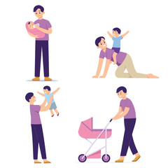 Set character designs of fathers with children, play, milk and push the stroller