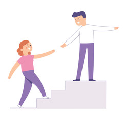 female character walks up the stairs assisted by the male partner, the concept of helping to achieve common goals in the relationship