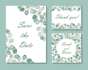 Wedding floral invitation of eucalyptus branch.