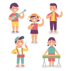 a children's music band that plays various musical instruments such as guitar, drums and keyboards, vector set of school children music groups