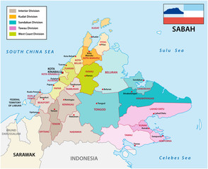 administrative and political map of the malayan state sabah with flag - obrazy, fototapety, plakaty