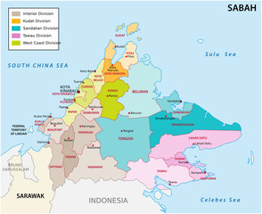 administrative and political map of the malayan state sabah - obrazy, fototapety, plakaty