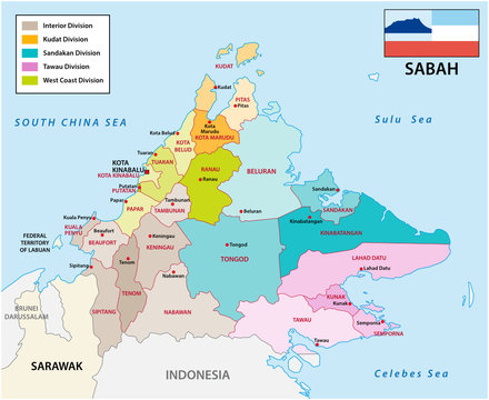 administrative and political map of the malayan state sabah with flag