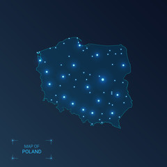 Poland map with cities. Luminous dots - neon lights on dark background. Vector illustration.