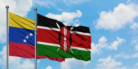 Venezuela and Kenya flag waving in the wind against white cloudy blue sky together. Diplomacy concept, international relations.